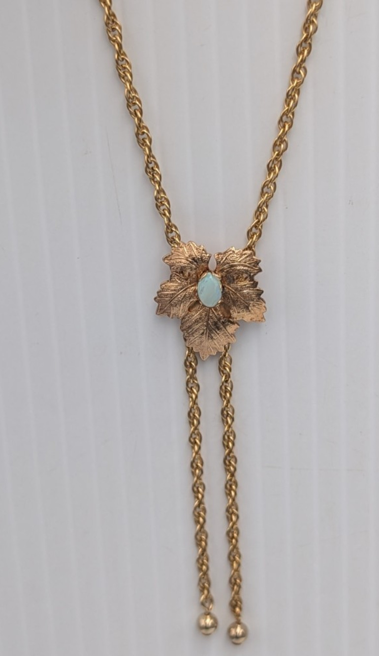 Priscilla Gold Filled Leaf w/Stone Pendant Sliding Lariat Necklace Bolo 28" Vtg